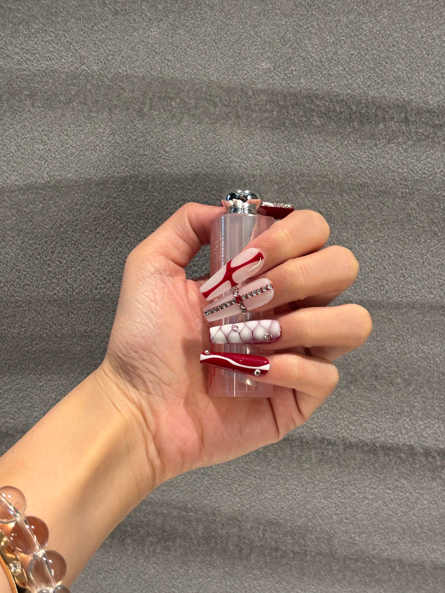 Mikomiko Nail handmade press ons, Bloody Mary, Best Viewed Artificial Fake Nails Art Beauty Reusable Reusable Red Nails, Rhinestone, Extra Long Coffin, Girls must have, gift for women