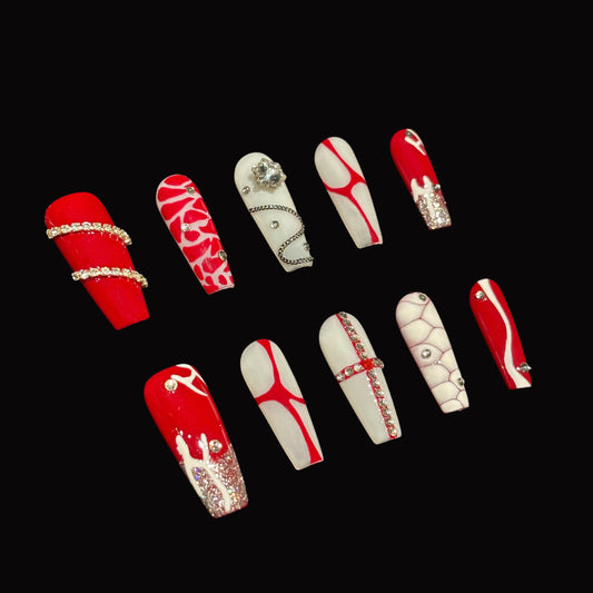 Mikomiko Nail handmade press ons, Bloody Mary, Best Viewed Artificial Fake Nails Art Beauty Reusable Reusable Red Nails, Rhinestone, Extra Long Coffin, Girls must have, gift for women