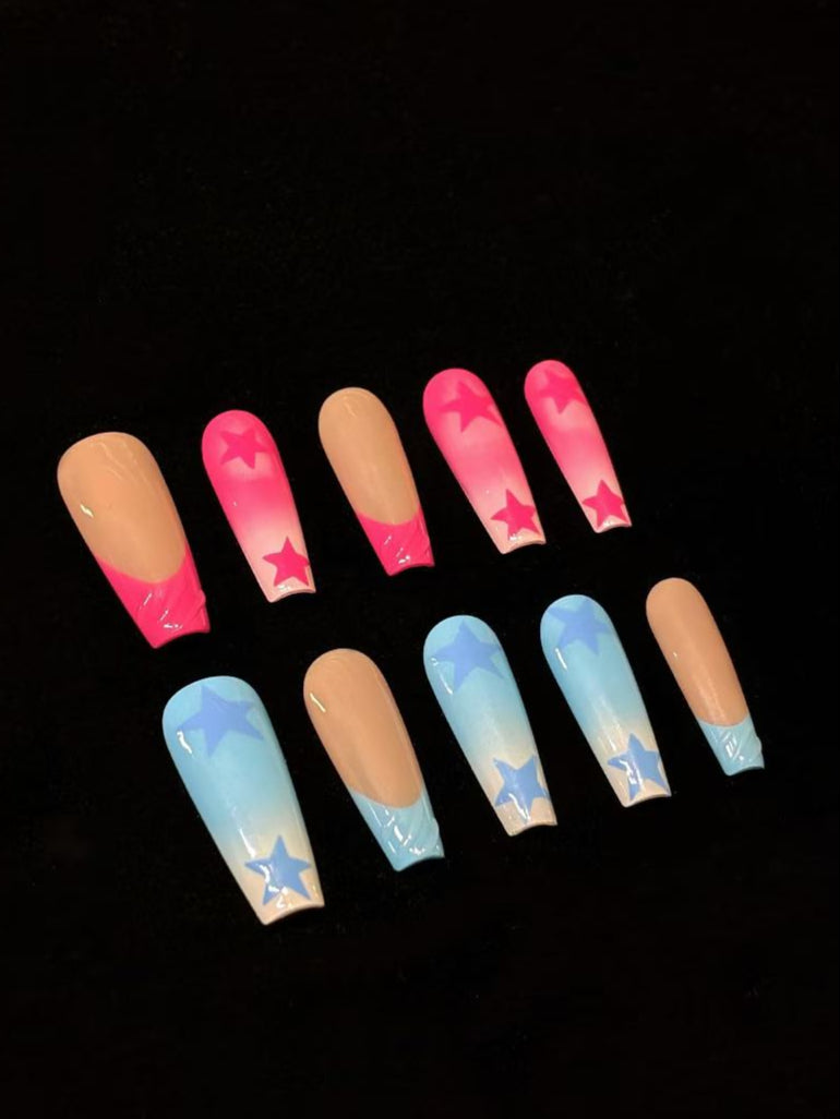 Mikomiko Nail handmade press ons, Bubble,  Best Viewed Artificial Fake Nails Art Beauty Reusable Reusable Nails, Star print, French tip Extra Long Coffin, Girls must have, gift for women