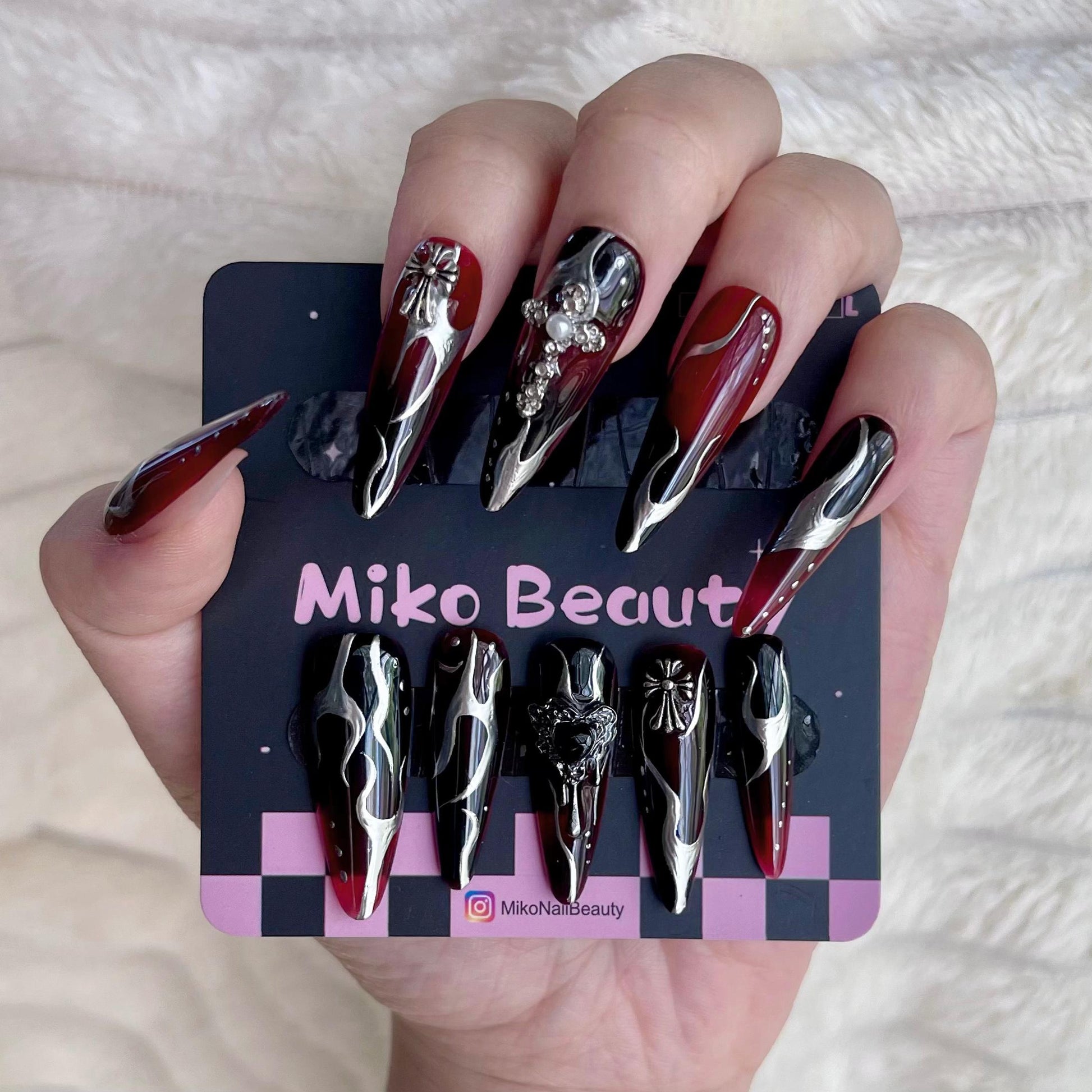 Mikomiko Nail handmade press ons, Midnight,  Best Viewed 3D Artificial Fake Nails Art Beauty Reusable Reusable Nails, Sci-fi, Black Goku, Rhinestone, Black and red, Ombre, Extra long Stilettos, Girls must have, gift for women