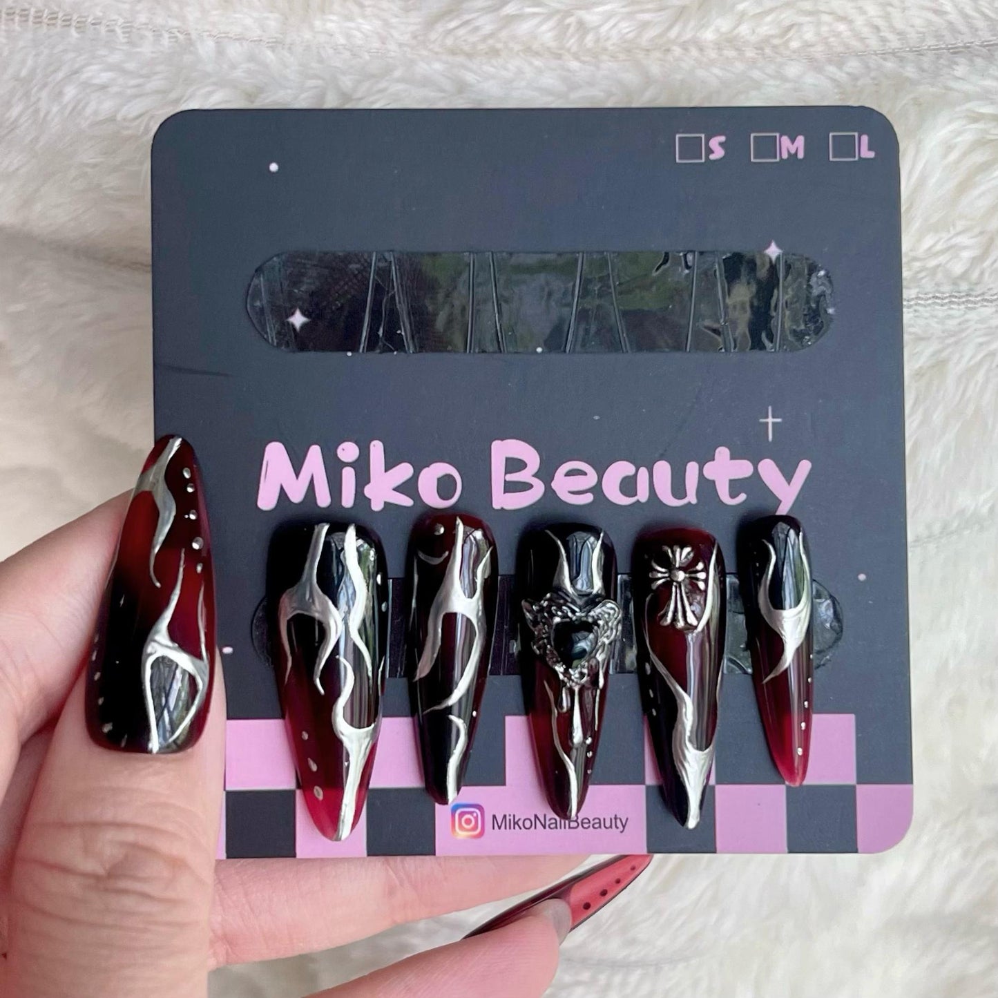 Mikomiko Nail handmade press ons, Midnight,  Best Viewed 3D Artificial Fake Nails Art Beauty Reusable Reusable Nails, Sci-fi, Black Goku, Rhinestone, Black and red, Ombre, Extra long Stilettos, Girls must have, gift for women