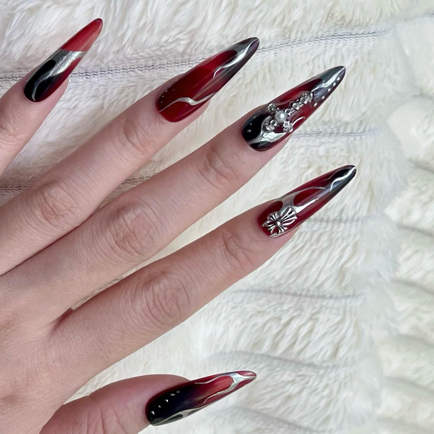 Mikomiko Nail handmade press ons, Midnight,  Best Viewed 3D Artificial Fake Nails Art Beauty Reusable Reusable Nails, Sci-fi, Black Goku, Rhinestone, Black and red, Ombre, Extra long Stilettos, Girls must have, gift for women