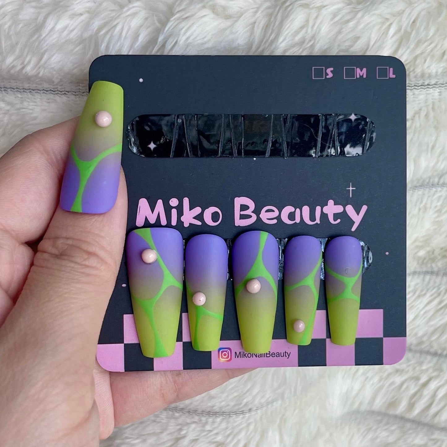 Mikomiko Nail handmade press ons, Neon,  Best Viewed 3D Artificial Fake Nails Art Beauty Reusable Reusable Nails, Matte nail, 3D ball, Purple and green, Ombre, Extra long Coffin, Girls must have, gift for women