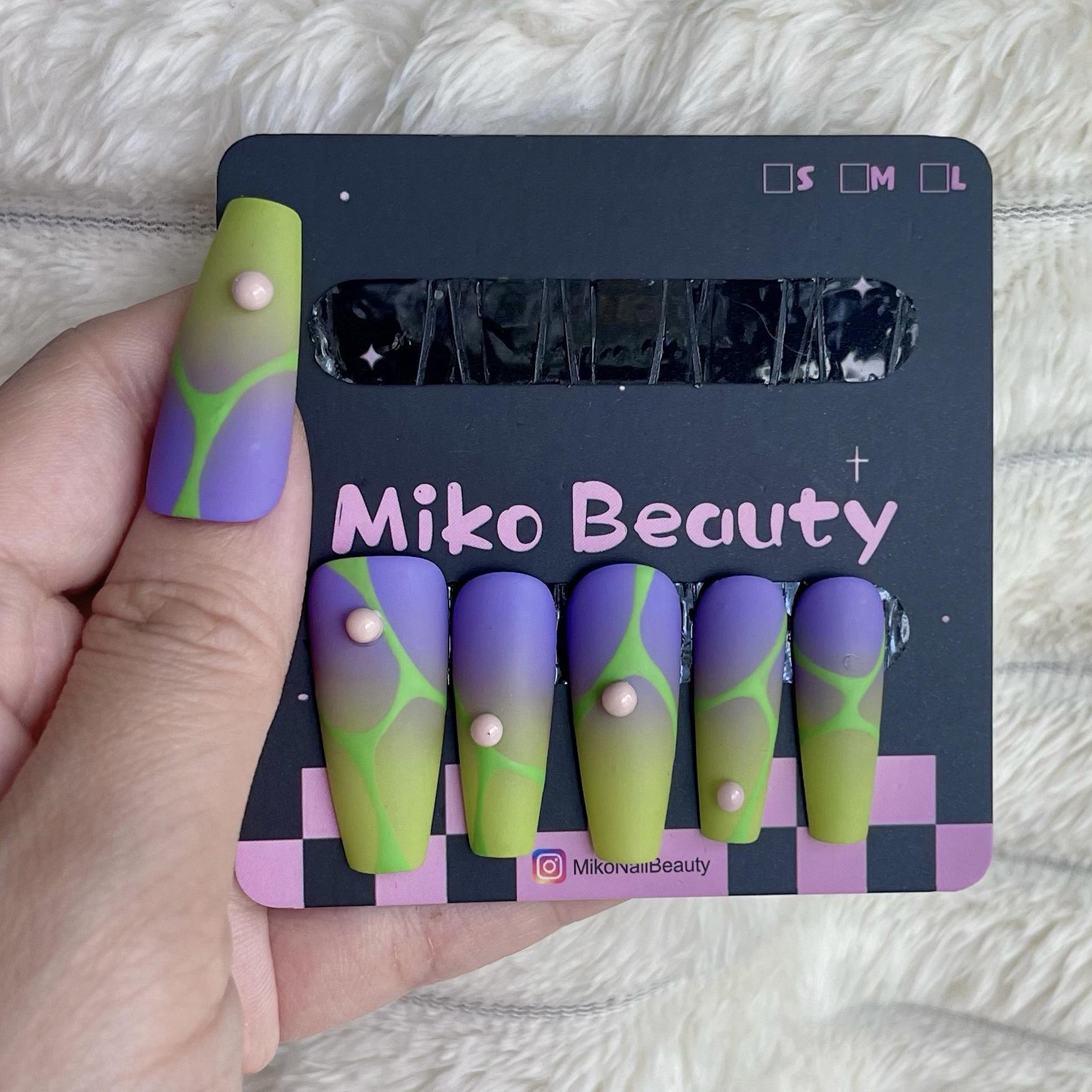 Mikomiko Nail handmade press ons, Neon,  Best Viewed 3D Artificial Fake Nails Art Beauty Reusable Reusable Nails, Matte nail, 3D ball, Purple and green, Ombre, Extra long Coffin, Girls must have, gift for women