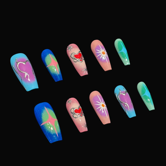 Mikomiko Nail handmade press ons, Rebirth,  Best Viewed 3D Artificial Fake Nails Art Beauty Reusable Reusable Nails, hand draw, ombre, cartoon pattern, Coffin, Girls must have, gift for women