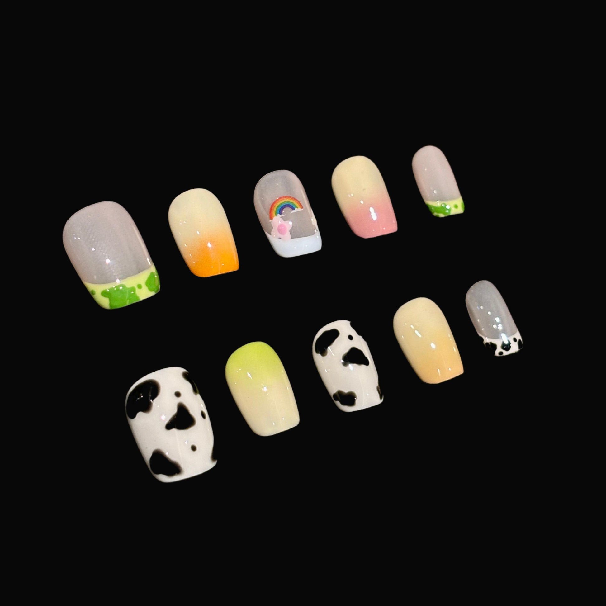 Mikomiko Nail handmade press ons, Zoo, Best Viewed Artificial Fake Nails Art Beauty Reusable Reusable Nails, Cute, Cow print, French tip, Short Square, Girls must have, gift for women