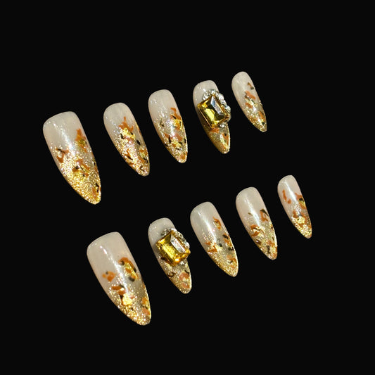 Mikomiko Nail handmade press ons, Golden,  Best Viewed Artificial Fake Nails Art Beauty Reusable Reusable Nails, Gold leopard french tip, Rhinestone, Ombre, Cross, Almond, Girls must have, gift for women