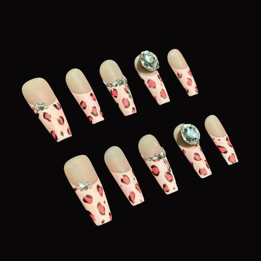 Mikomiko Nail handmade press ons, Savage,  Best Viewed Artificial Fake Nails Art Beauty Reusable Reusable Nails, matte nail, pink leopard French tip, rhinestone, Extra long Coffin, Girls must have, gift for women