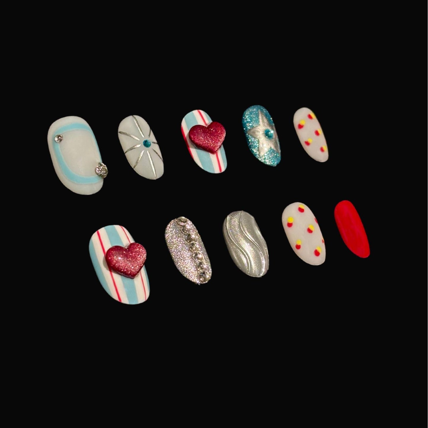 Mikomiko Nail handmade press ons, Tender,  Best Viewed Artificial Fake Nails Art Beauty Reusable Reusable Nails, 3D red heart, cat eye, Rhinestone, Short oval, Girls must have, gift for women